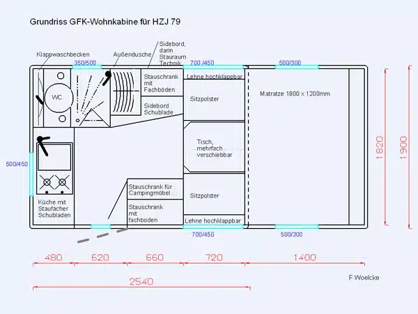 Grundriss der GFK-Wohnkabine für den Toyota HZJ 79 mit Küche, WC, Sitzgruppe, Schlafbereich und Stauraum