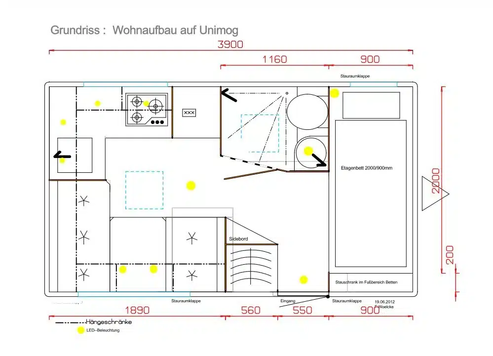 Grundrisszeichnung des Wohnaufbaus eines Unimog 435 Expeditionsmobils mit Maßen und Einrichtung