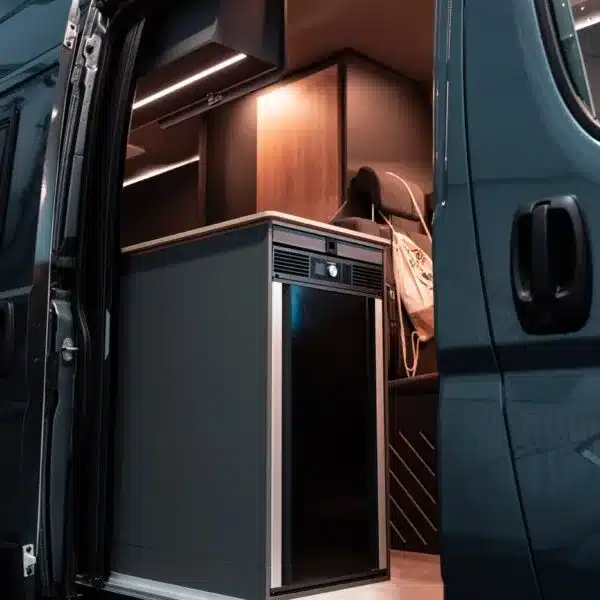 Küchenzeile mit Kühlschrank und Möbeln im geöffneten VIICA 60 Kastenwagen bei einfallendem Licht.