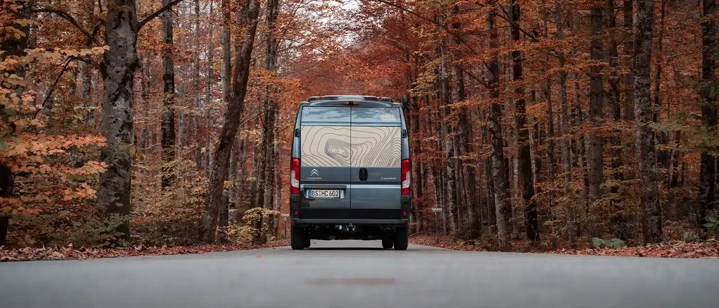 Heckansicht eines VIICA 64 Kastenwagens im Herbstwald auf einer Asphaltstraße.