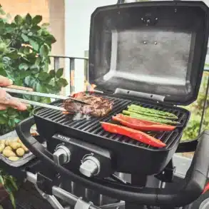 WAYNE 2-Brenner Gasgrill mit geöffnetem Deckel beim Grillen von Fleisch, Paprika und Spargel auf dem Balkon