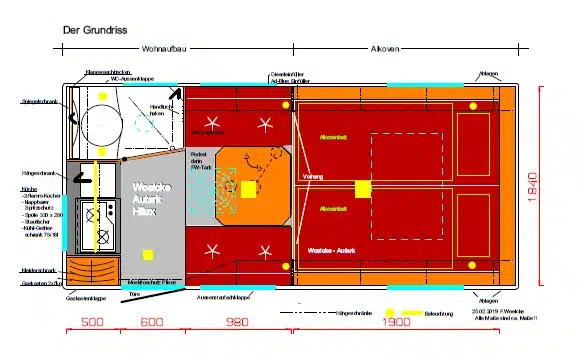 Grundriss des Woelcke Autark Hilux mit Wohnbereich, Alkoven, Küche, Bad und Schlafplätzen