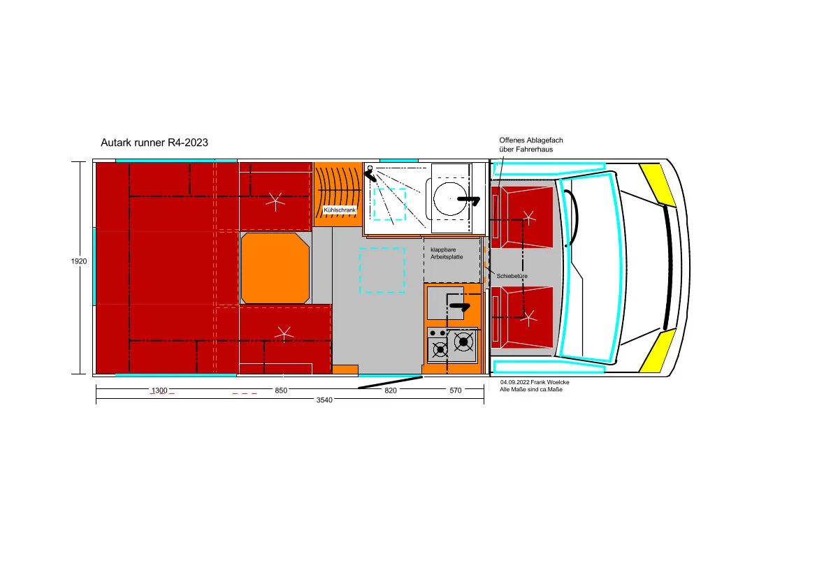 Grundrisszeichnung des Wohnraums und Innenaufbaus vom Woelcke Autark runner R4 2023