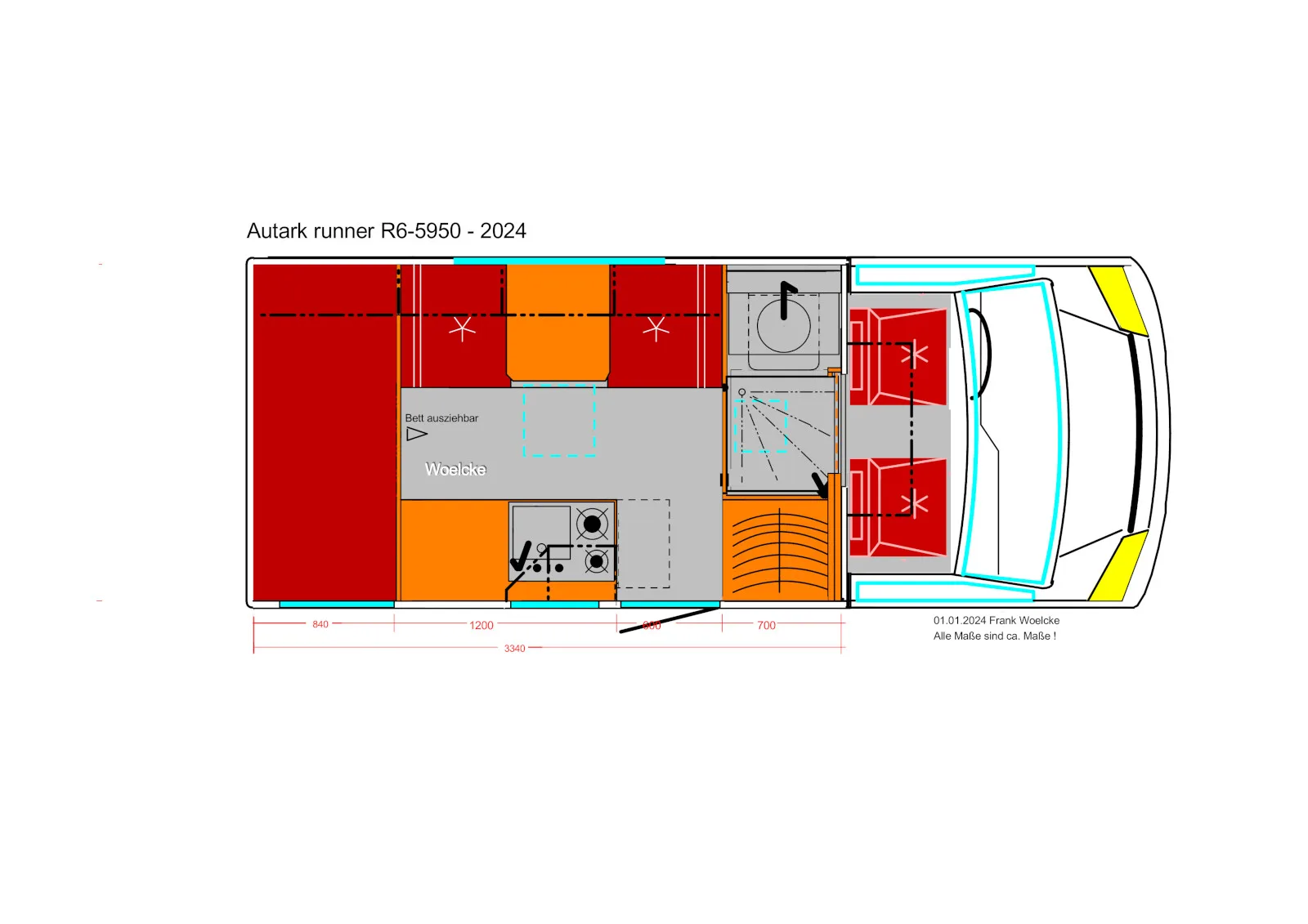 Grundriss des Woelcke Autark runner R6-5950-2024 mit Betten, Küche, Bad und Fahrerhaus