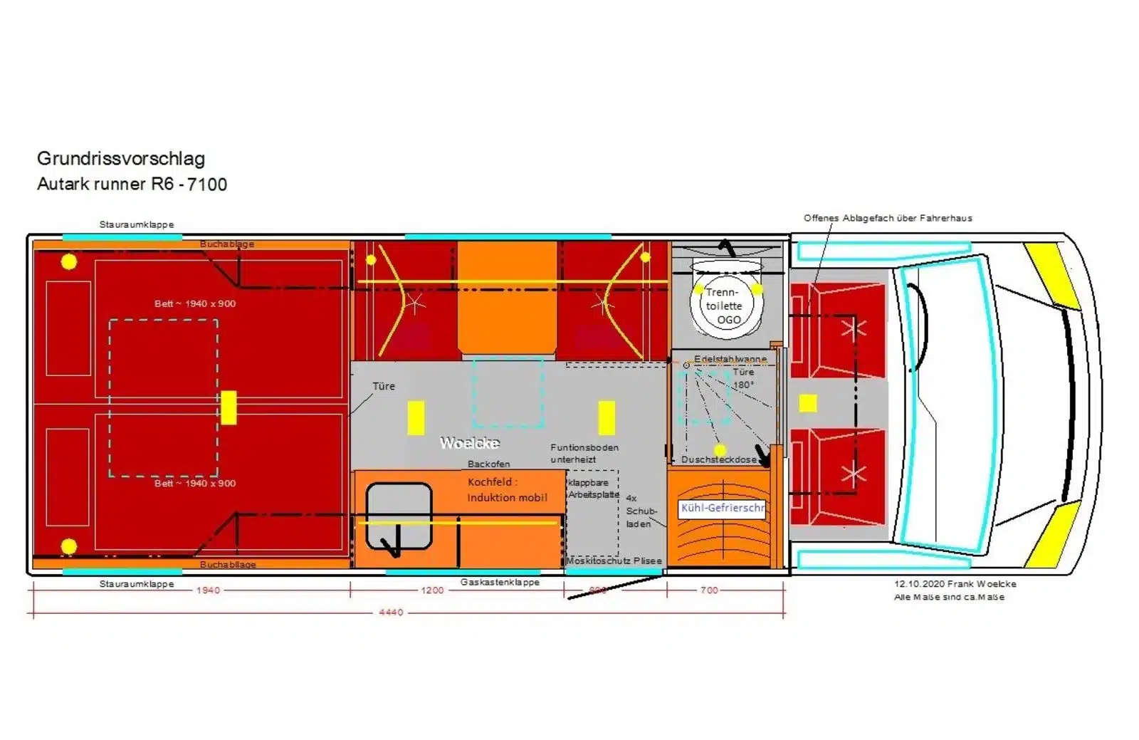 Grundriss des Wohnmobils Woelcke Autark runner R6-lang mit eingezeichneten Betten, Bad, Küche und Sitzgruppe