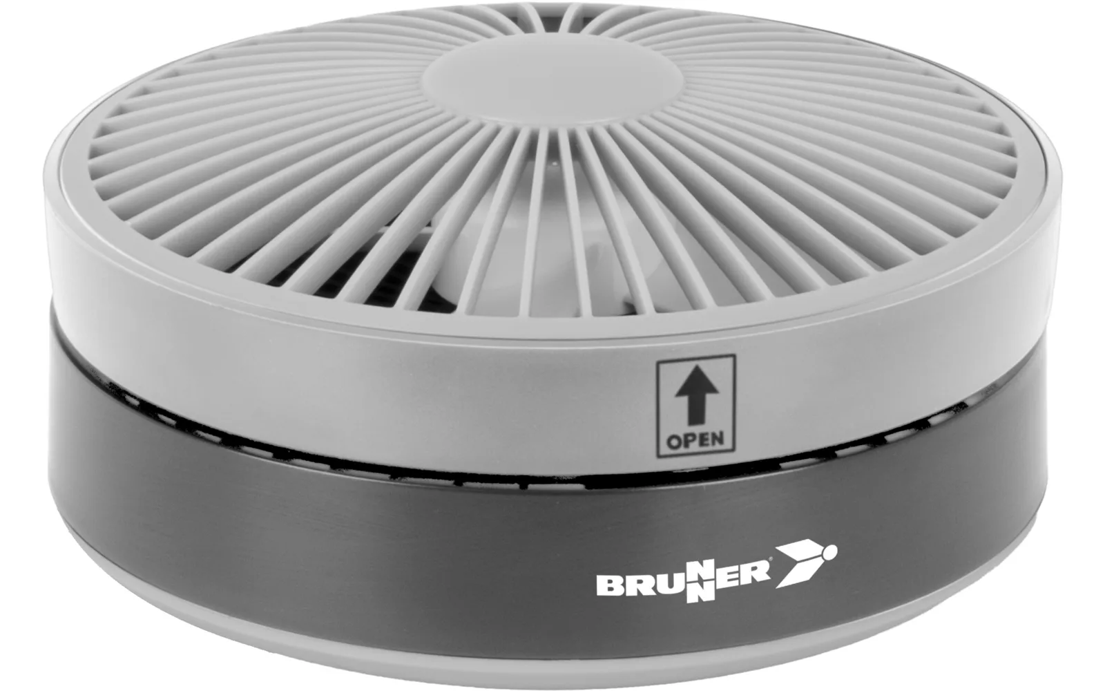 Kompakter, runder Ventilator Brunner HurriFAN RG Teleskop Akku in grauer Farbe, geeignet für Camping und mobiles Reisen.