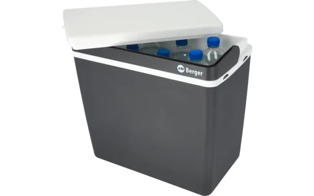Graue Berger P24 passive Kühlbox mit geöffnetem Deckel und Wasserflaschen im Innenraum.