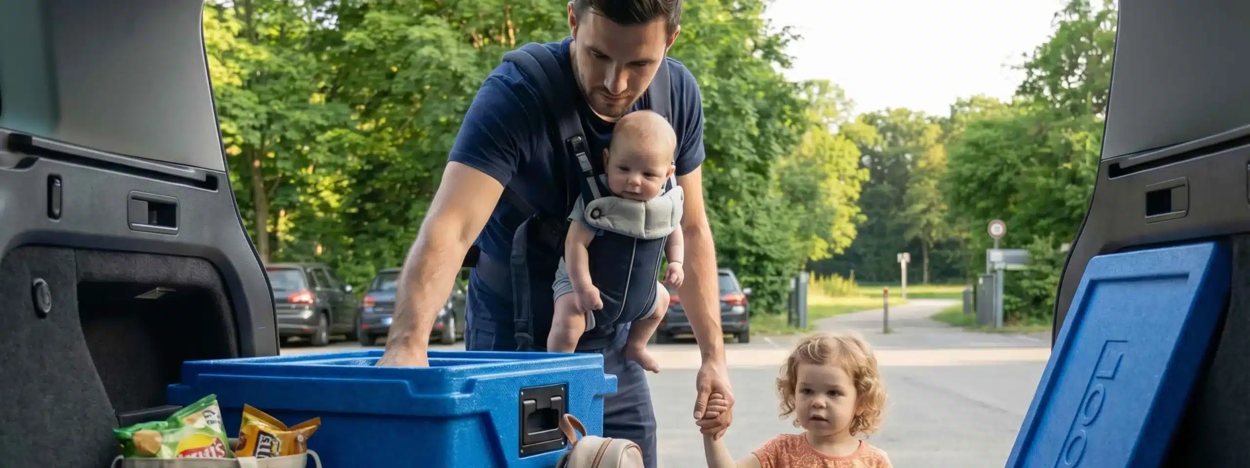 QOOL Box Original in Blau im Kofferraum eines Vans, daneben ein Mann mit Babytrage und Kind.