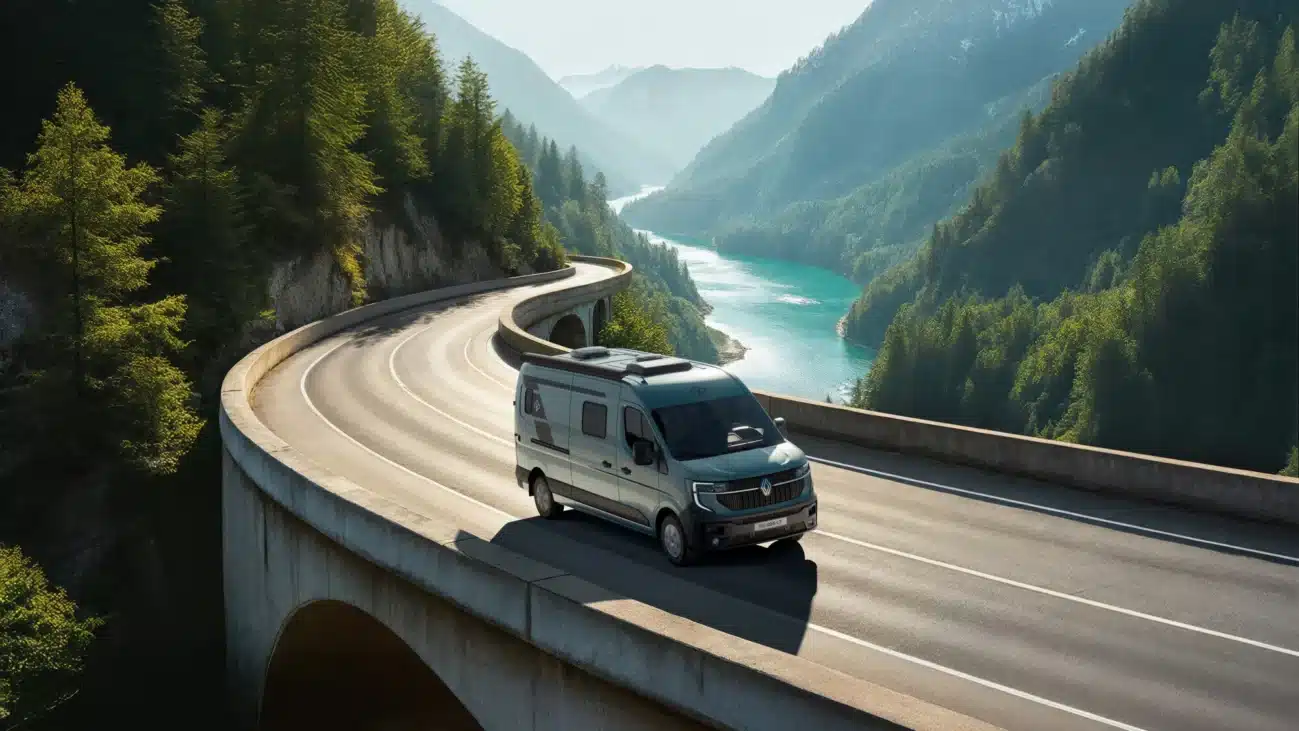 Renault Master Campervan auf einer kurvigen Bergstraße mit Blick auf einen Fluss und Wälder.