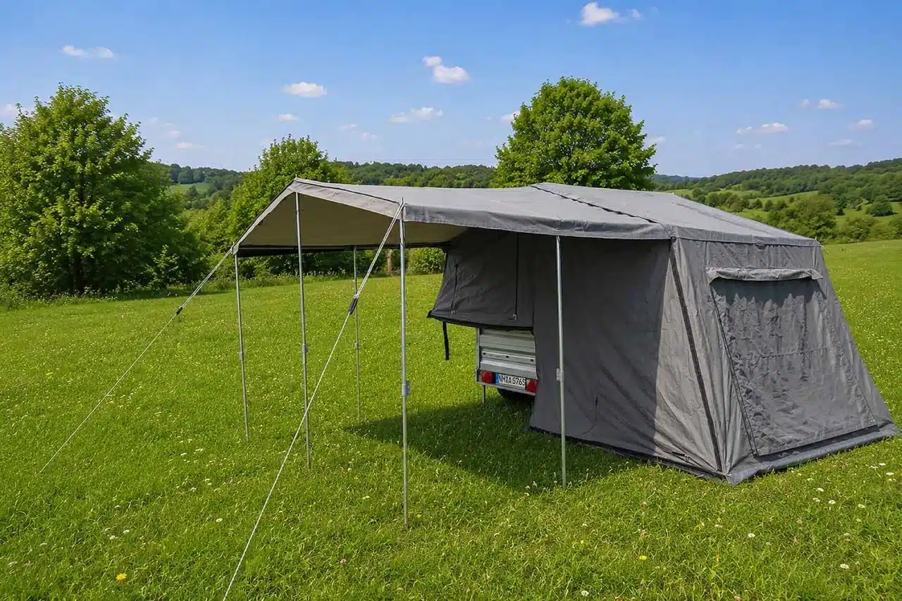 Roof Lodge Trailer Tent mit großem Vorzelt auf einer grünen Wiese, aufgebaut an einem Anhänger.