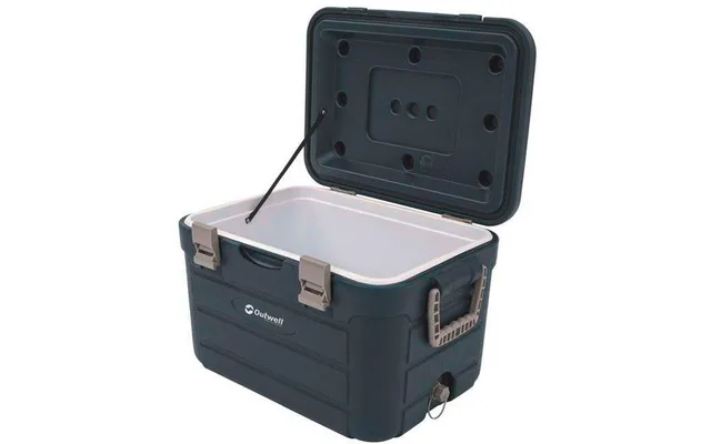 Geöffnete Outwell Fulmar Kühlbox, dunkelblau mit weißen und grauen Details, großzügiges Innenfach sichtbar.
