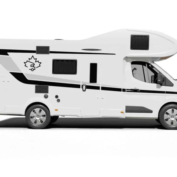 Seitenansicht des Ahorn Camp A 720, ein großes Alkoven-Wohnmobil für Familien und Gruppen
