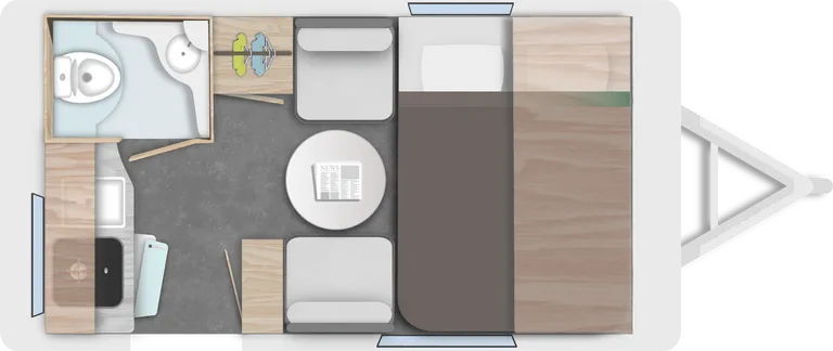 Grundriss des Caravelair ALBA 350 mit Bad, Küchenzeile und flexibel nutzbarem Wohnbereich.