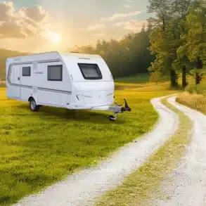 WEINSBERG CaraOne Caravan steht auf einer grünen Wiese vor Sonnenaufgang