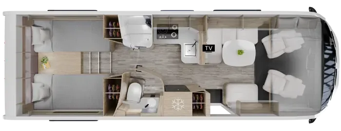 Grundriss und Innenaufteilung des KABE Imperial i790 LGB Luxus-Reisemobils mit Einzelbetten, Küche, Bad und Wohnbereich.
