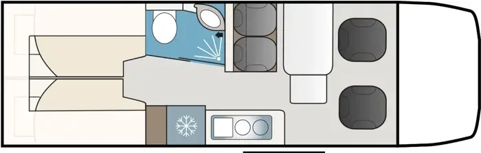 Schematische Darstellung des Innenraum-Grundrisses des KABE Abisko Van 690 LB Kastenwagens