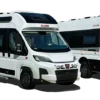 Zwei Ansichten des KABE Affinity One Campervans: seitliche und rückwärtige Perspektive, weißes Fahrzeug mit schwarzen Akzenten.