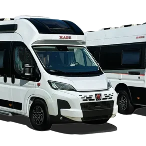Zwei Ansichten des KABE Affinity One Campervans: seitliche und rückwärtige Perspektive, weißes Fahrzeug mit schwarzen Akzenten.