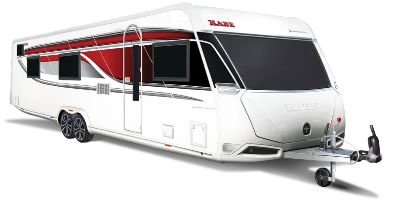 KABE Imperial 1000 TDL Wohnwagen von außen, Seitenansicht, weiß mit roten Designelementen