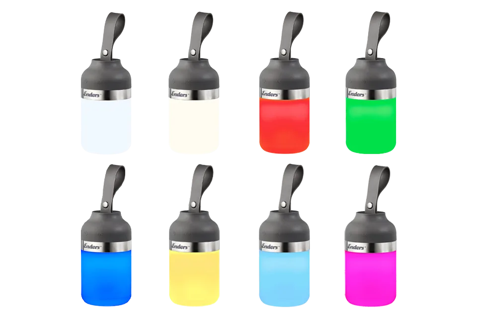 LUVO LED Campingleuchte mit acht verschiedenen Lichtfarben: warmweiß, kaltweiß und mehrere RGB-Töne.