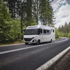 Le Voyageur LV7.8GJF Reisemobil auf einer kurvigen Landstraße im Wald, Außenansicht