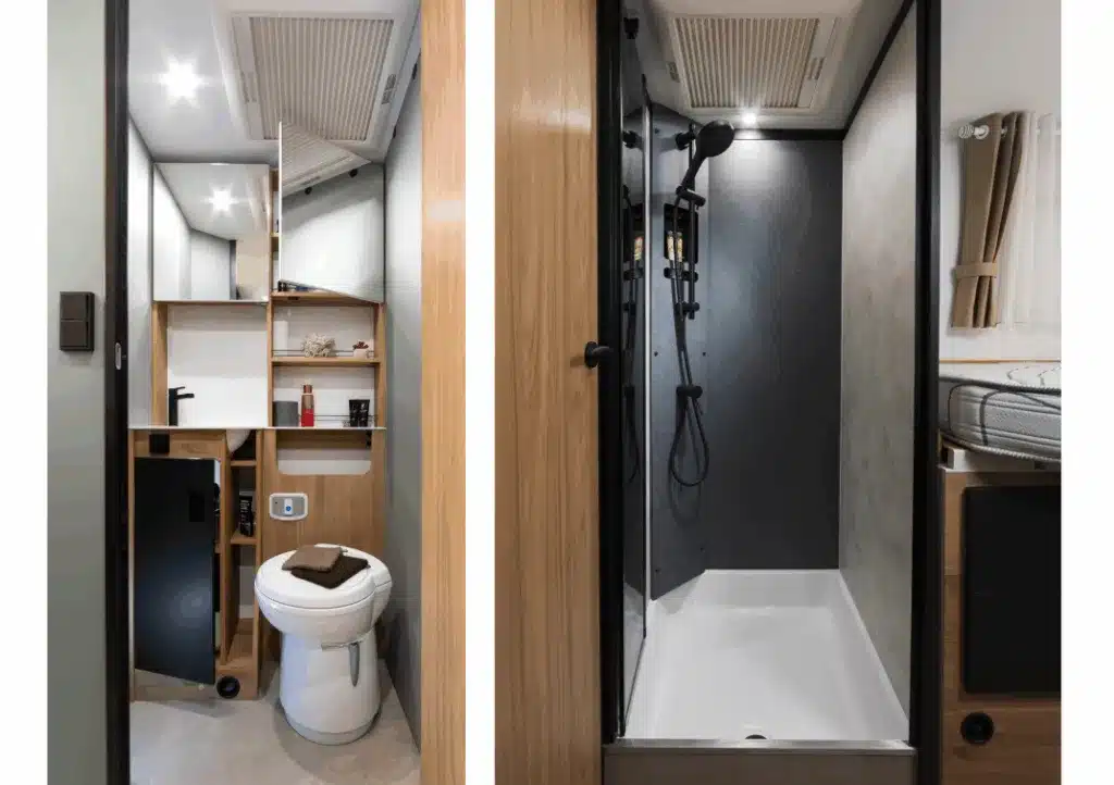 Innenansicht vom Bad und der Dusche im Notin ENVOL Reisemobil