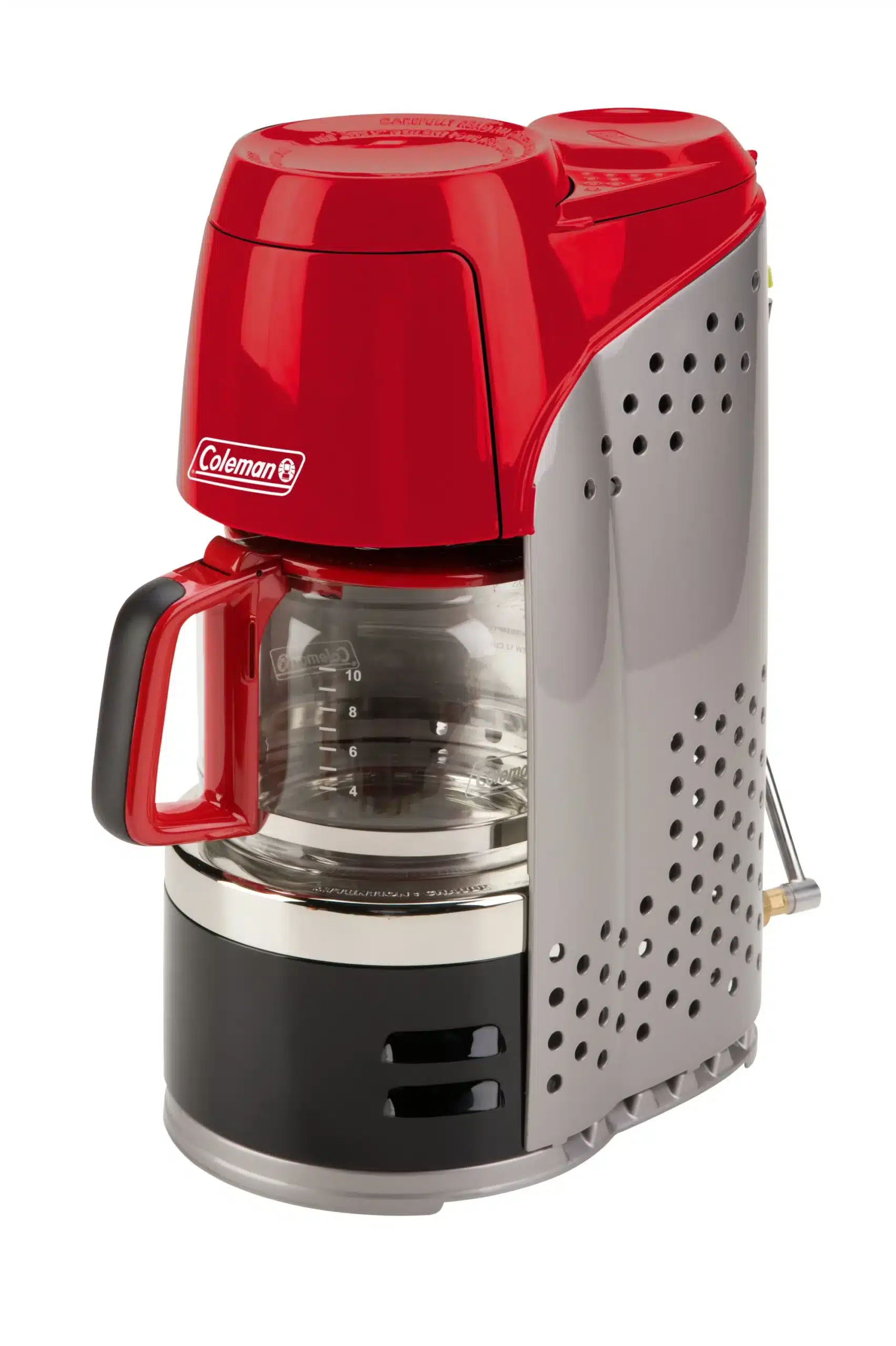 Coleman QuikPot Propan-Kaffeemaschine in Rot und Silber mit Glaskanne für 10 Tassen Kaffee.