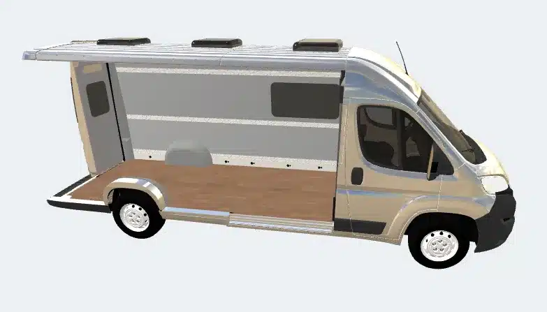 Visualisierung eines modularen Campervans mit geöffneter Seitenansicht und sichtbarem Innenraum.