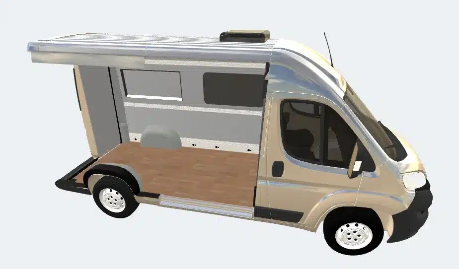 Seitenansicht eines VAN-Jorn CUSTOM Campervans mit offenem, leerem Innenraum, sichtbarem Holzboden und Grundausstattung.