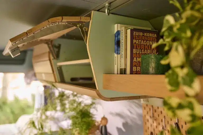 Detailansicht eines offenen Wandregals mit Büchern und Pflanzen im Innenraum des VAN-Jorn CUSTOM Campervans