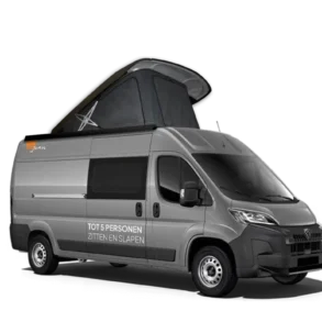 VAN-Jorn Family Kastenwagen-Camper auf Peugeot Boxer Basis mit offenem Aufstelldach, seitliche Ansicht.