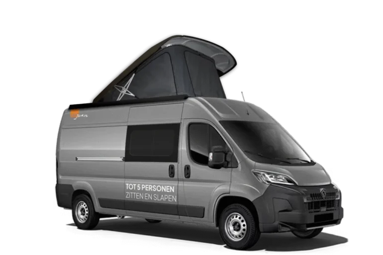 VAN-Jorn Family Kastenwagen-Camper auf Peugeot Boxer Basis mit offenem Aufstelldach, seitliche Ansicht.
