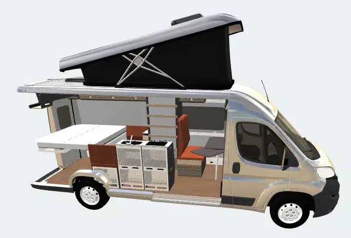 Querschnitt des VAN-Jorn Family Campers mit geöffnetem Schlafdach, Sitzbank, Küche und Schlafbereich.