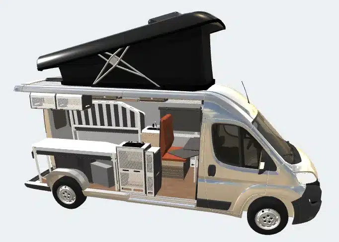 Schnittansicht des VAN-Jorn Family Campers mit modularer Ausstattung und geöffnetem Aufstelldach auf Basis des Peugeot Boxer L3H2.
