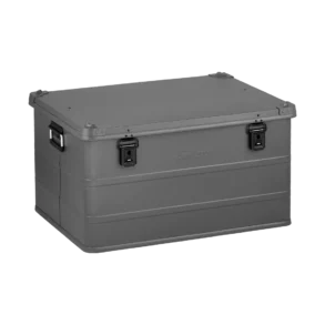 Vancouver S Grey Aluminium-Staubox mit Metallscharnieren, seitlichen Griffen und Stapelecken.