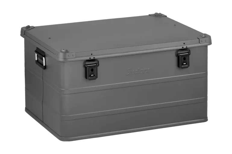 Vancouver S Grey Aluminium-Staubox mit Metallscharnieren, seitlichen Griffen und Stapelecken.