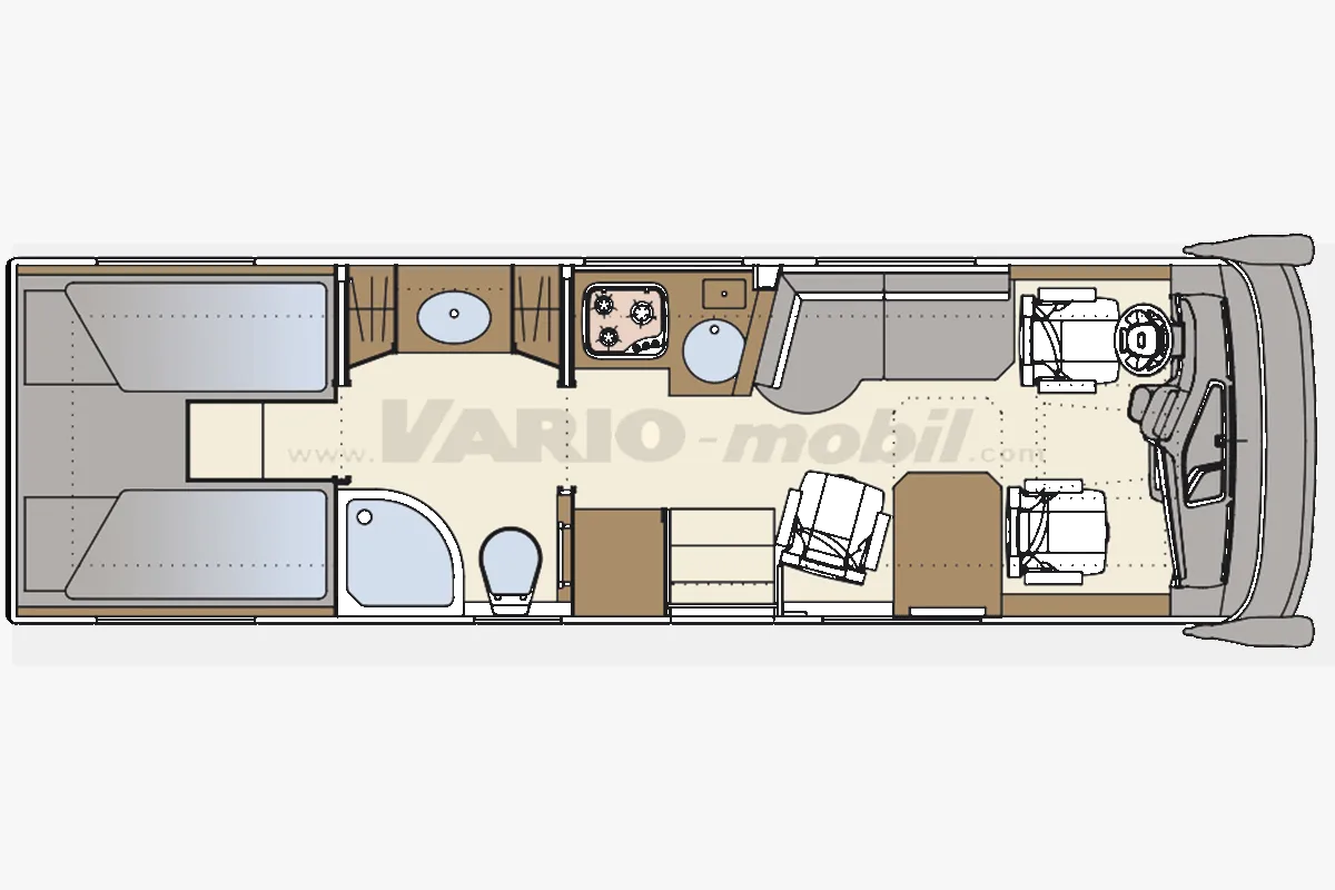 Grundriss des VARIO Star 800 integrierten Reisemobils mit Wohn-, Schlaf- und Stauraumbereich.