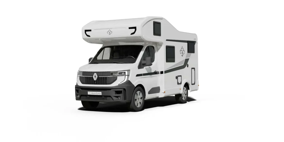 Weißes Ahorn Camp A 595 Alkoven-Reisemobil in Front-Seitenansicht auf weißem Hintergrund