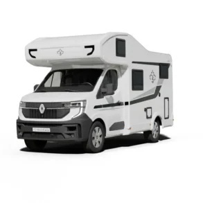 Weißes Ahorn Camp A 595 Alkoven-Reisemobil in Front-Seitenansicht auf weißem Hintergrund