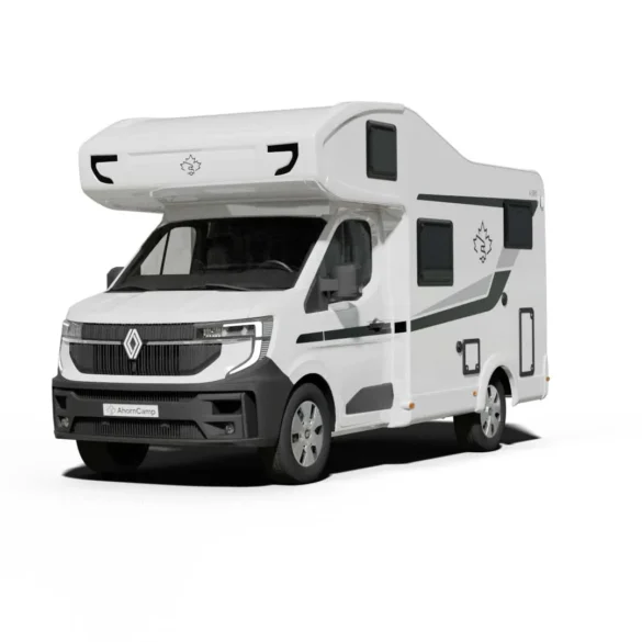 Weißes Ahorn Camp A 595 Alkoven-Reisemobil in Front-Seitenansicht auf weißem Hintergrund