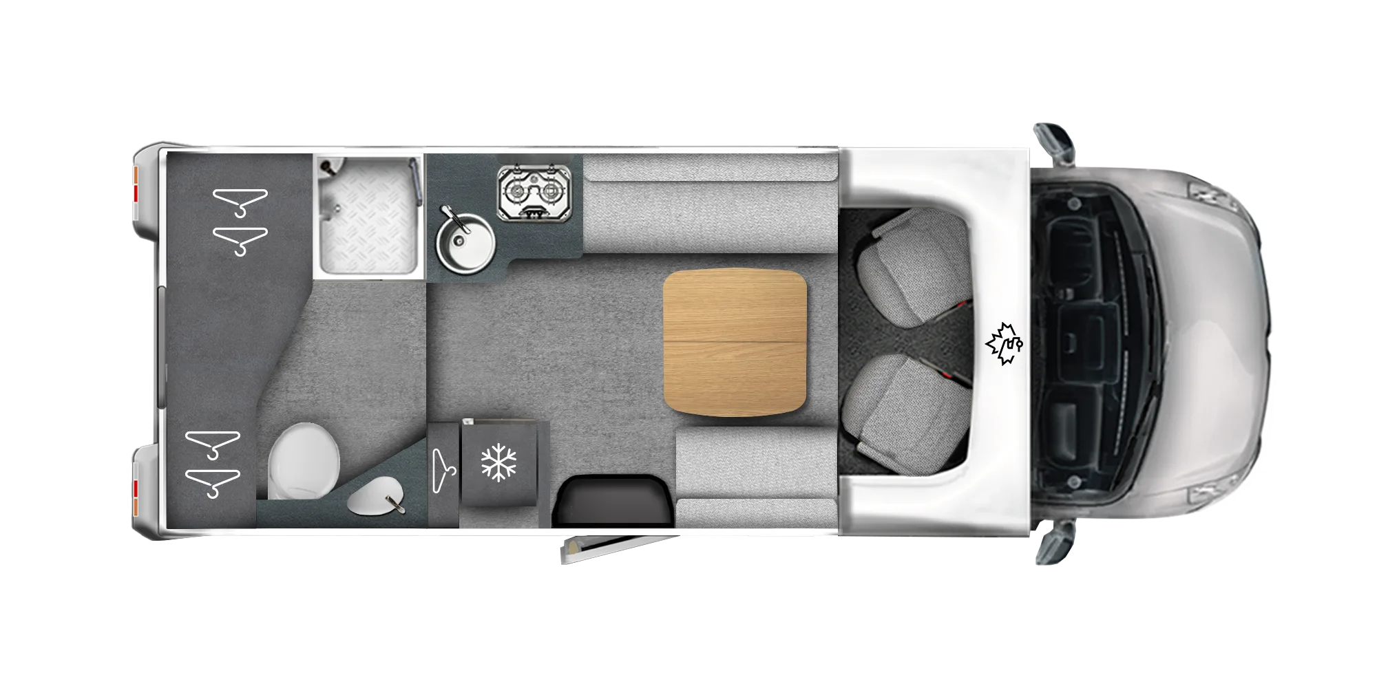 Grundriss des Ahorn Camp T 640 mit Hubbett, Dinette, Küche, Bad und Fahrerhaus