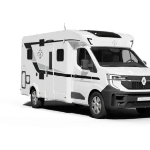 Weißes teilintegriertes Wohnmobil Ahorn Camp T 640 auf Renault-Master-Basis in Dreiviertelansicht