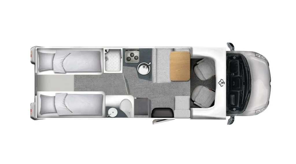 Grundriss des Ahorn Camp TL 740 mit Einzelbetten, Küche, Bad und L-Sitzgruppe