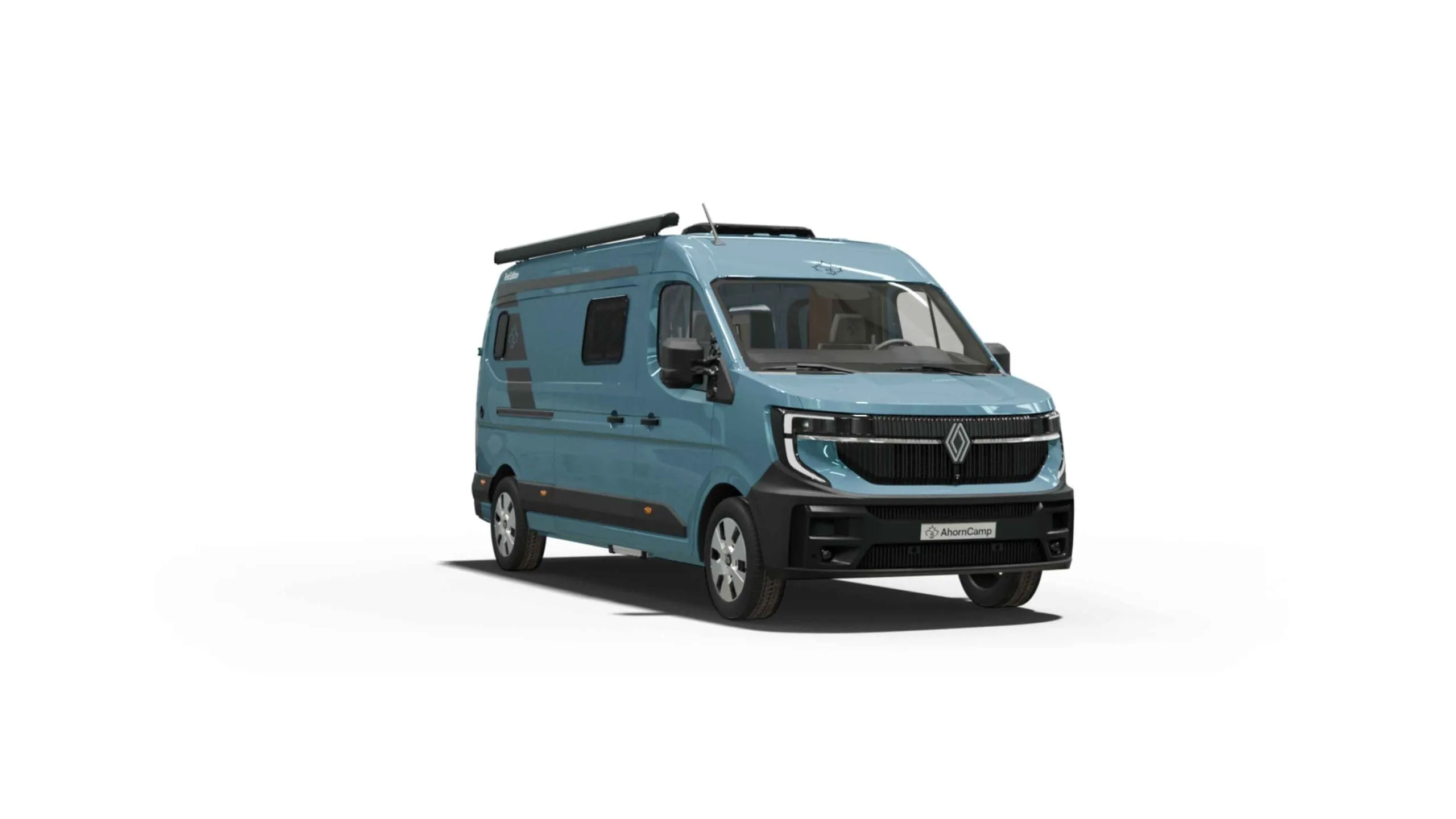 Ansicht des Ahorn Camp Van 630 auf Renault Master Basis, Campervan in Blau mit Markise und modernen Designelementen.