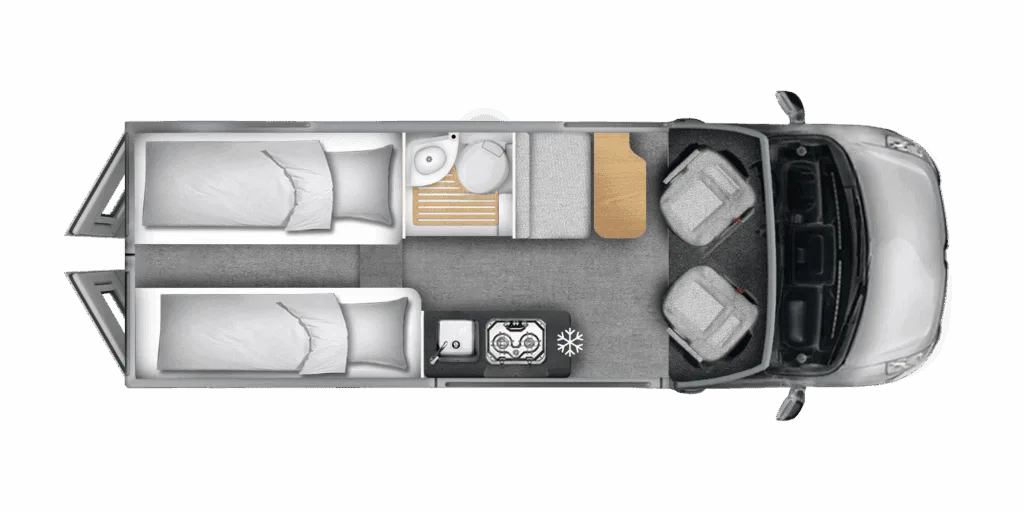 Top-Down-Ansicht: Grundriss des Ahorn Camp Van 630 mit zwei Einzelbetten im Heck, Küche, Bad und Sitzgruppe.