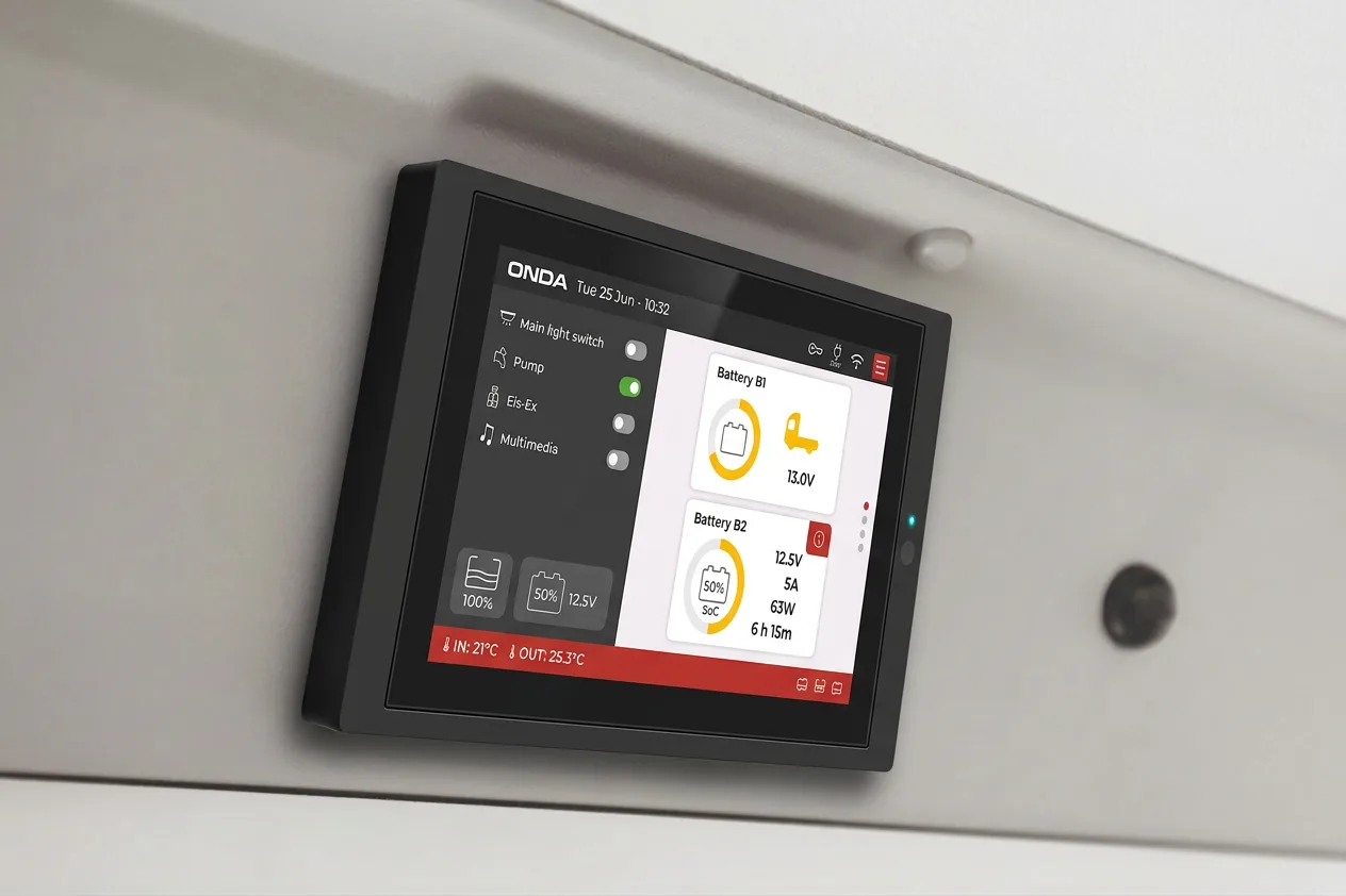 Schwarzes Bedienpanel mit Display im Ahorn Camp Van 630, Anzeige von Batteriestatus und Steuerungselementen.