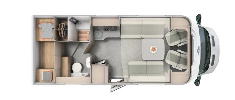 Grundriss des Wohnmobils Carado T335 EDITION27 als Draufsicht mit markierten Bereichen für Bad, Küche, Sitzgruppe und Fahrerhaus.