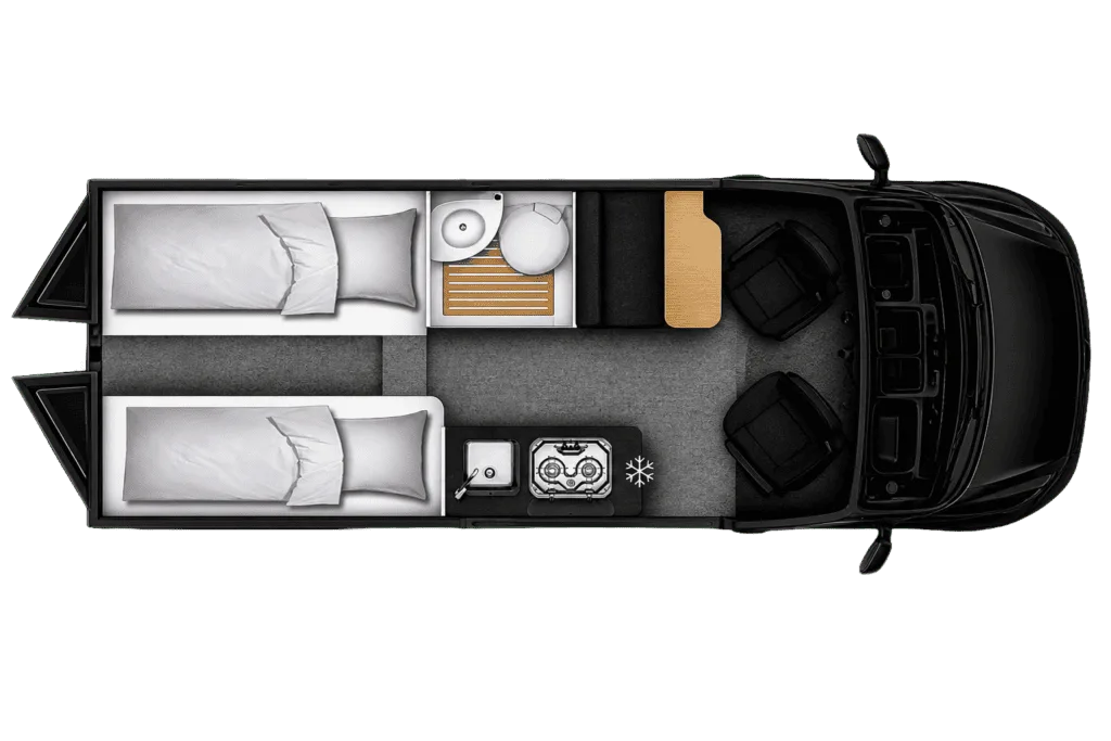 Grundriss des schwarzen Ahorn Camp CV 630 ECLIPSE mit zwei Einzelbetten, Küche, Bad und Fahrerhaus