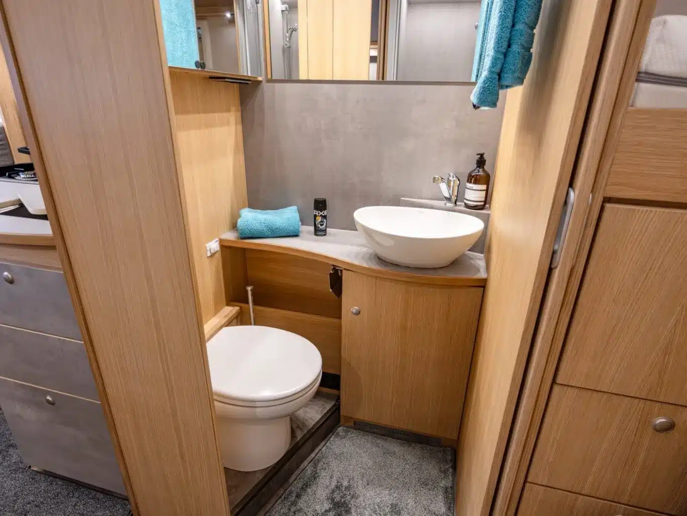 Badezimmer mit Waschbecken, Trockentrenntoilette und Holzdekor im DOPFER 402 A Reisemobil