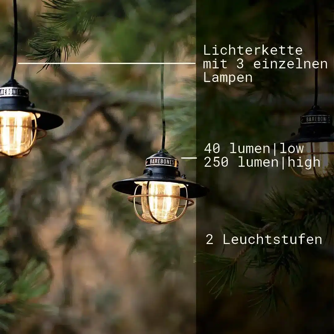 Barebones Edison Retro LED-Lichterkette mit drei leuchtenden Lampen im Wald
